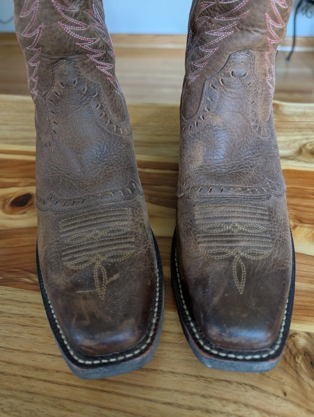 Ariat Brown Leather Western Heeled Boots with Pink Stitching - Picture 12 of 12